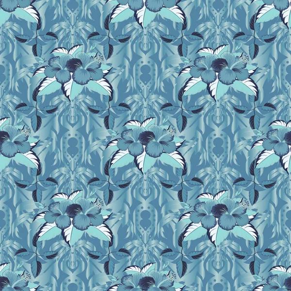 ベクトルシームレスパターン アロハTシャツデザイン アロハハワイ 青いハイビスカスの花とルアウパーティー招待状 ポスター チラシ プレゼンテーションのための最高の創造的なデザイン — ストックベクタ