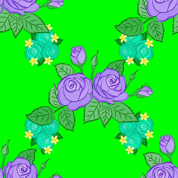 Płynny Wzór Dekoracyjnymi Latem Kwiaty Róży Zielone Liście Zielonym Tle — Wektor stockowy