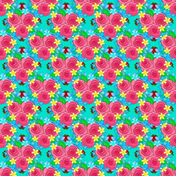 Illustrazione Vettoriale Modello Floreale Senza Cuciture Simpatici Fiori Rosa Foglie — Vettoriale Stock