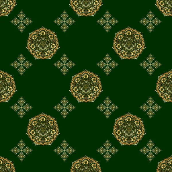 黄金の繰り返し要素を持つ東洋の背景 ダマスクベクトル古典的な黄金のパターン 緑の背景に金色の抽象的な要素をシームレス — ストックベクタ