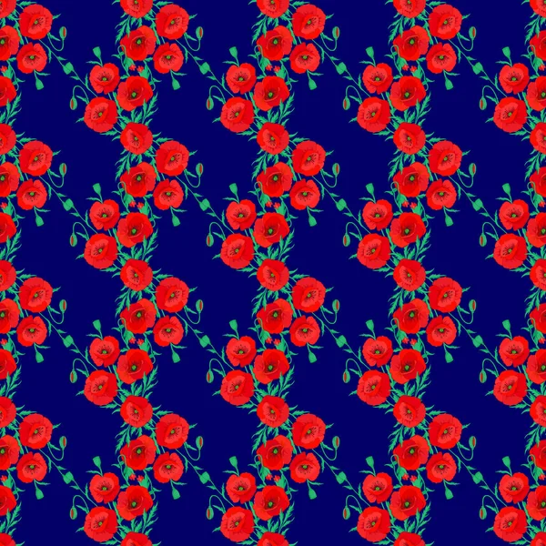 蓝底的无缝儿的罂粟花图案 复古风格 种群矢量说明 — 图库矢量图片