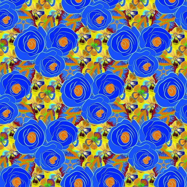 일러스트 파란색 노란색 주황색의 무늬가 아주우아 바닷말 장식용 장미와 나뭇잎 — 스톡 벡터
