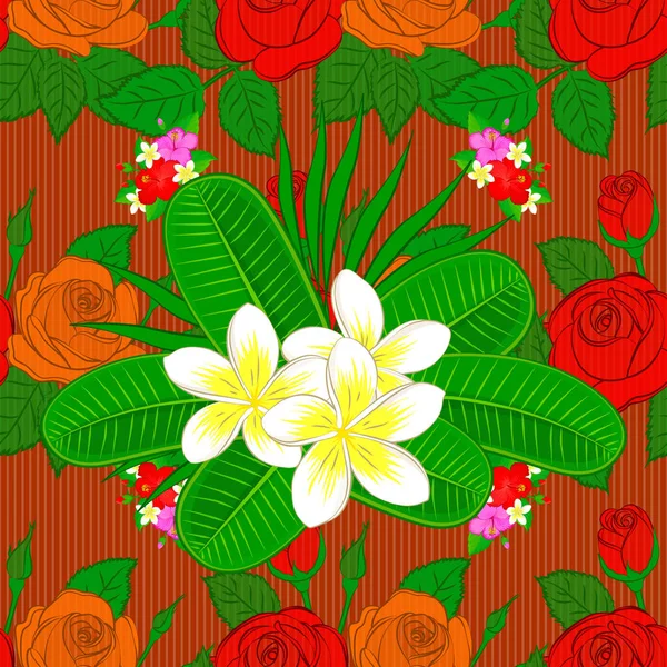 Stock Vector Illustration Seamless Pattern Abstrat Plumeria Flowers Red Green — Stock Vector