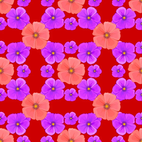 Vector Cosmos Fleur Motif Sans Couture Sur Fond Rouge — Image vectorielle