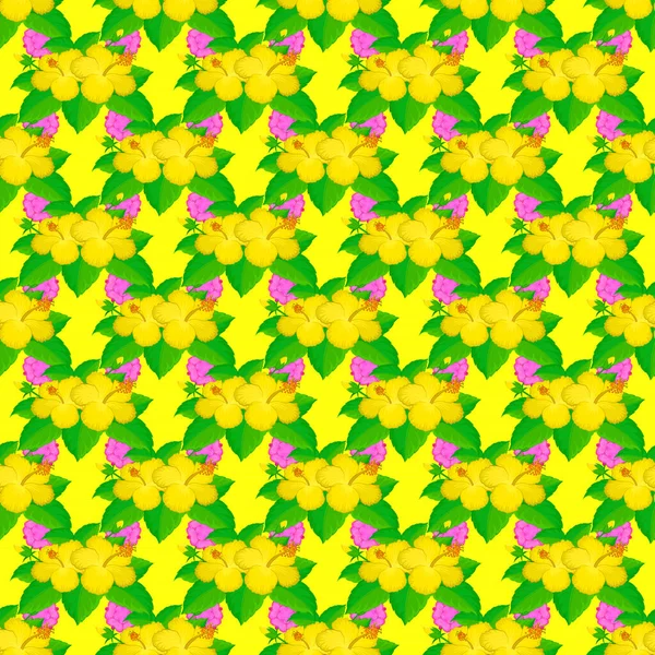 Nahtloses Hintergrundmuster Mit Stilisierten Hibiskusblüten Und Blättern Auf Gelbem Hintergrund — Stockvektor