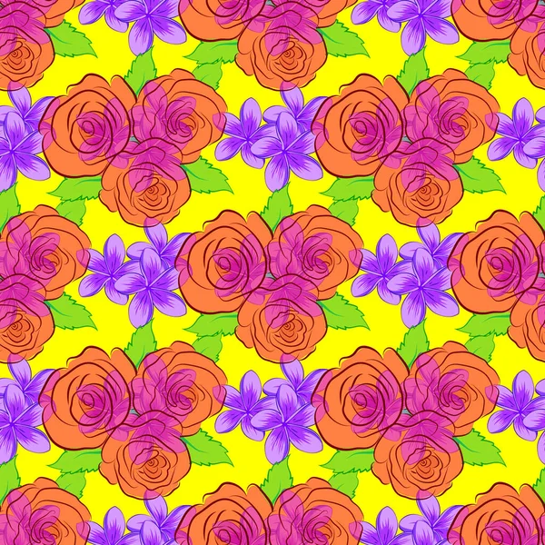 Векторная Иллюстрация Бесшовный Узор Симпатичными Розовыми Цветками Зелеными Листьями Желтом — стоковый вектор