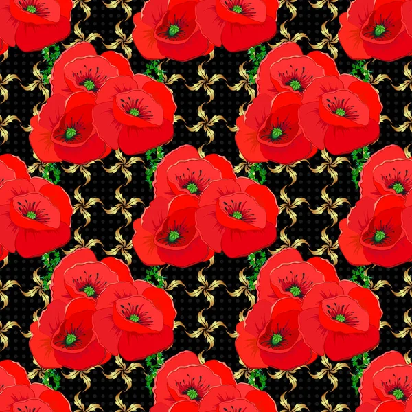 Abstract Elegantie Naadloos Patroon Met Papaver Bloemen Een Zwarte Achtergrond — Stockvector