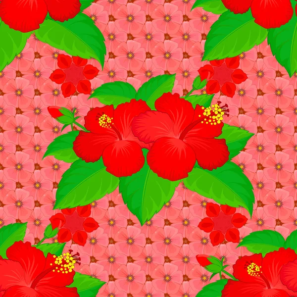 Bright Hawaiian Seamless Pattern Pink Red Green Tropical Hibiscus Flowers — Stock Vector