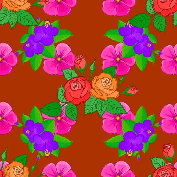 Seidentuch Mit Rosafarbenen Blüten Und Grünen Blättern Auf Braunem Hintergrund — Stockvektor