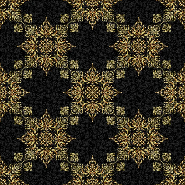 Безшовні Зображення Елементів Damask Золотому Кольорі Чорному Тлі Шпалери Презентації — стоковий вектор