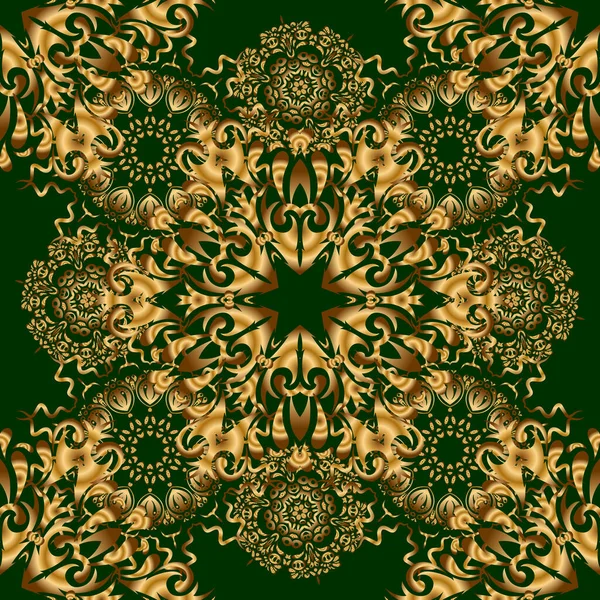 緑の背景に手作りのベクトル黄金の要素 ヴィンテージシームレスな花のパターン ファブリック テキスタイル インテリアの装飾 — ストックベクタ