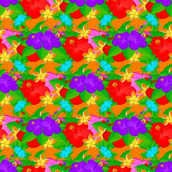 Niedliche Hibiskusblüten Print Floral Vintage Nahtloses Muster Auf Orangefarbenem Hintergrund — Stockvektor
