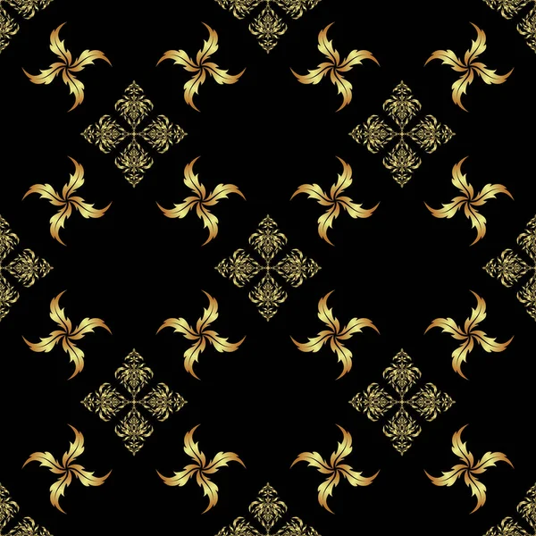 ヴィンテージ花ベクトル装飾 黒の背景に金色の要素を持つ抽象的な古典的なシームレスなパターン — ストックベクタ