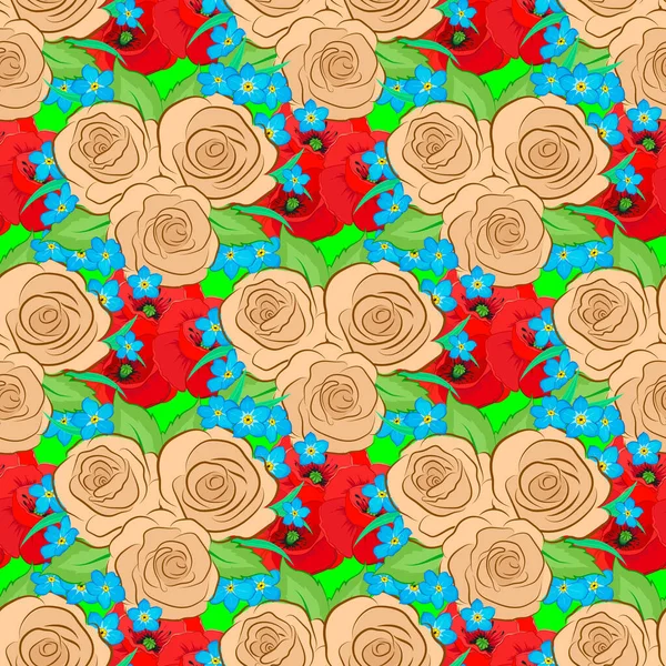 縞模様の背景に水彩シームレスパターン 緑の背景にベクトルフラワープリント かわいいバラの花と緑の葉のパターン — ストックベクタ