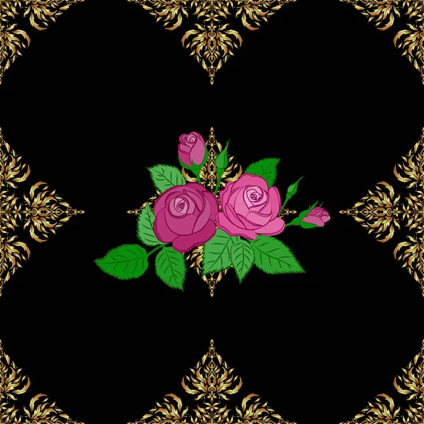 矢量图解 明亮美丽的玫瑰花朵和绿叶无缝的背景 黑色背景上可爱的花卉图案 — 图库矢量图片