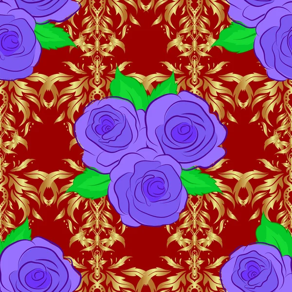 明るい美しいバラの花と緑の葉のシームレスな背景 要旨赤い背景に可愛い花のプリント ベクターイラスト — ストックベクタ
