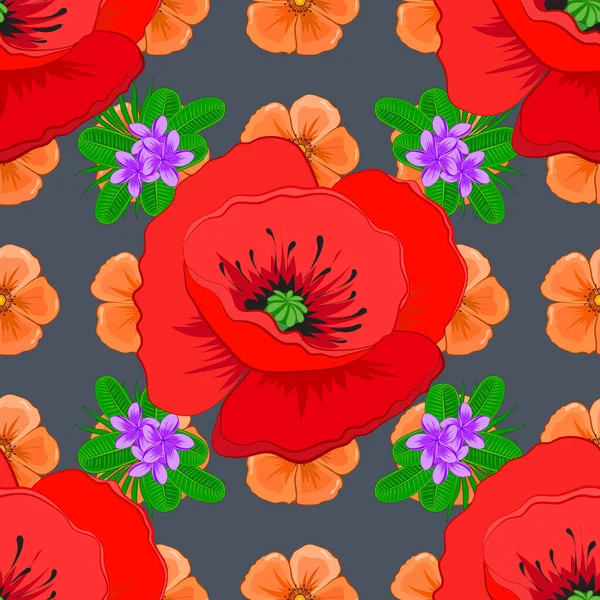 Seamless Abstract Floral Pattern Gray Background Seamless Pattern Poppy Flowers — Stock Vector