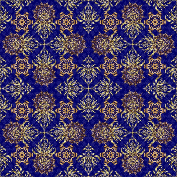 蓝色背景上的无缝图案 古色古香的蓝色和金色设计 达摩雅致的墙纸 — 图库矢量图片