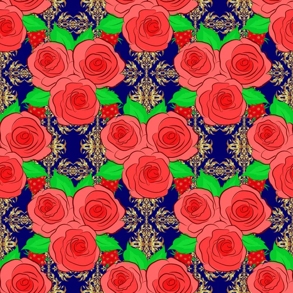 Hermosas Flores Rosa Acuarela Hojas Verdes Colores Azules Naranjas Rosas — Vector de stock