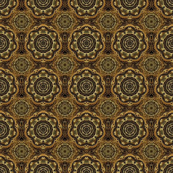 Çiçekli altın elementlerle doğu tarzında kusursuz bir desen. Kartlar için vektör çizimi, teşekkür mesajı, yazdırma. Siyah bir arkaplan üzerinde tasarım şablonu için klasik dikişsiz sınır ve ızgara.