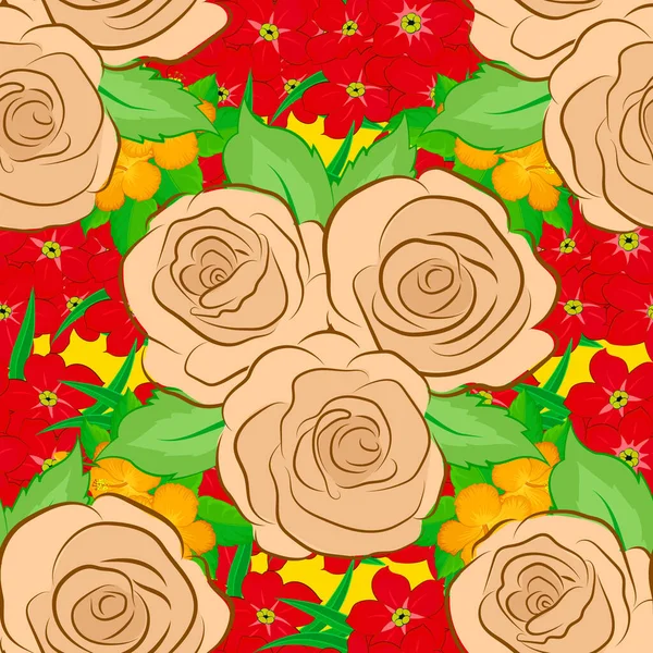Vektorová Ilustrace Bezešvé Vzor Roztomilou Růží Květiny Zelené Listy Žlutém — Stockový vektor
