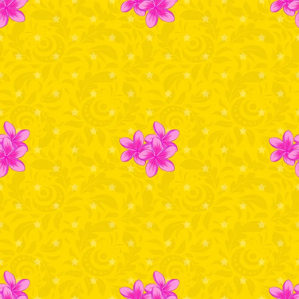 Цветочный Фон Бесшовный Векторный Рисунок Желтом Фоне Симпатичными Цветками Плюмерии — стоковый вектор