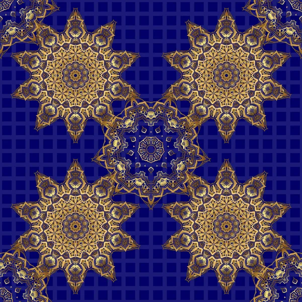 stock vector Golden shiny ornament on blue background, damask seamless pattern, abstract shapes. Vector illustration.