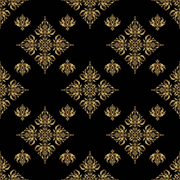 黄金のメンディのベクトルアート 黒を基調としたシームレスなパターン ヘナの入れ墨 黄金のステッカー メンディ ヨガのデザインのための伝統的なインドスタイル 装飾花の要素 — ストックベクタ
