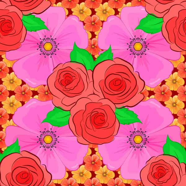 Modelo Clásico Sin Costuras Fondo Rojo Flores Rosa Vectorial Escritas — Vector de stock