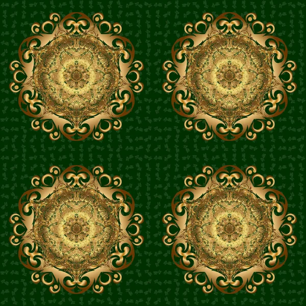 Mandala Doré Dessiné Main Sur Fond Vert Modèle Abstrait Raster — Image vectorielle