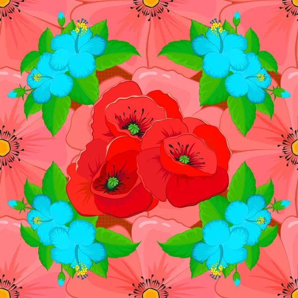 Ilustración Vectores Modelo Floral Sin Costuras Colores Rosa Rojo Verde — Vector de stock