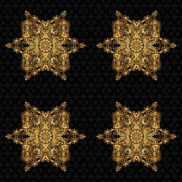 古色古香的巴洛克曼陀罗装饰在黑色背景上的黄金 矢量图解 复古图案古式相思树 装饰设计元素丝线书法 — 图库矢量图片