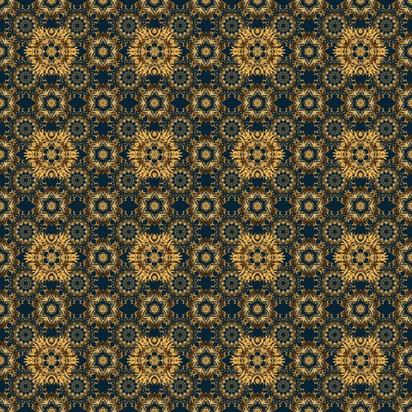 Abstraktní Klasický Bezešvý Vzor Zlatými Prvky Modrém Pozadí Ročník Květinový — Stockový vektor