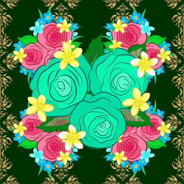 秋の色 1950年代から1960年代のレトロなテキスタイルデザインコレクション ピンクや青の色でバラの花や緑の葉を持つシルクスカーフ 手描きの花の要素を持つ抽象的なシームレスベクトルパターン — ストックベクタ
