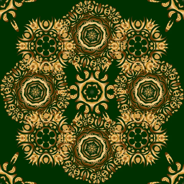 Vektorová Ilustrace Zlatý Lesklý Ornament Zeleném Pozadí Damašek Hladký Vzor — Stockový vektor