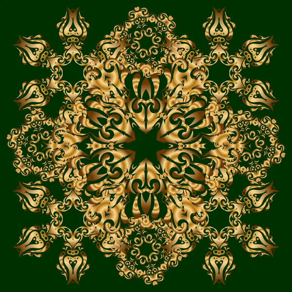 Vektorillustration Nahtloses Muster Mit Goldenen Elementen Auf Grünem Hintergrund Gut — Stockvektor