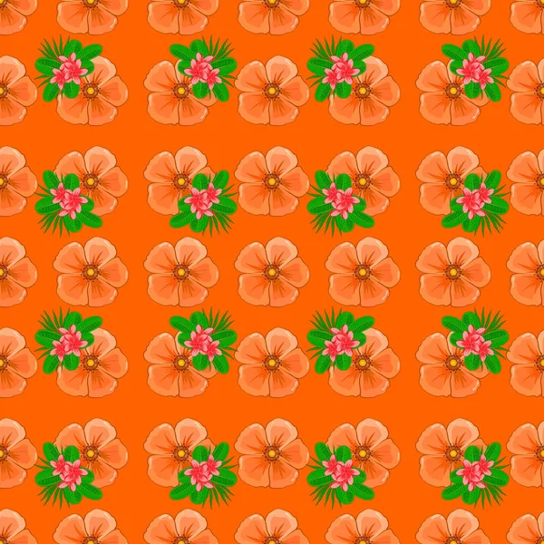 Vektorillustration Ethnische Florale Nahtlose Muster Auf Orangefarbenem Hintergrund Mit Dekorativen — Stockvektor