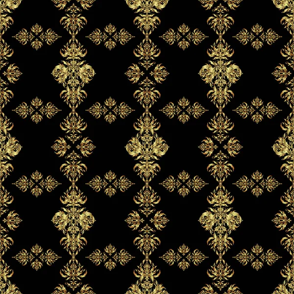 矢量正方形构图与黄金古董装饰品 黑色背景上有金格的无缝图案 — 图库矢量图片