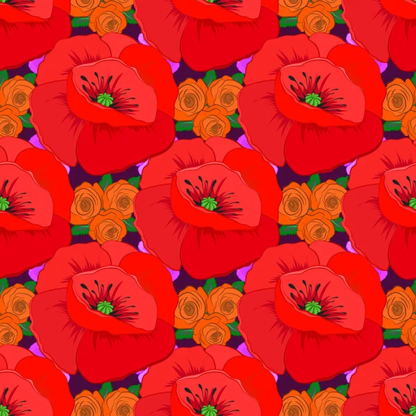 Fondo Sin Costuras Del Vector Hermosas Flores Amapola Color Agua — Vector de stock