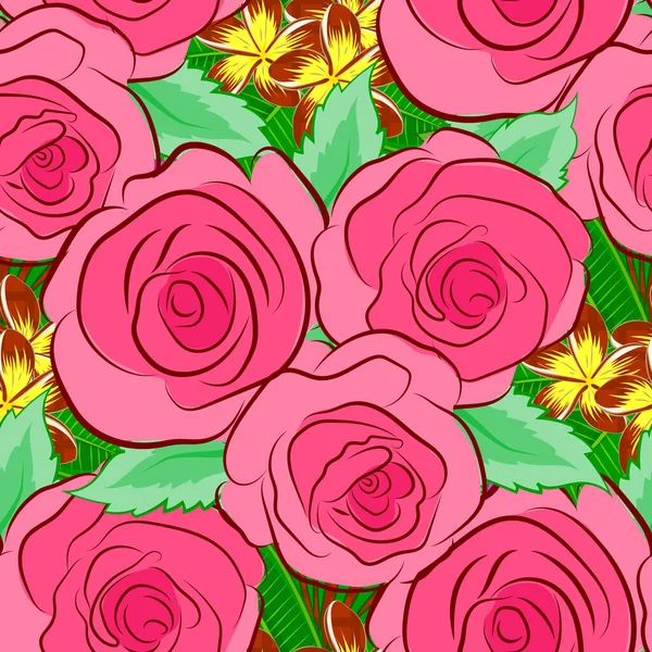红色和黄色的带有大玫瑰花和绿叶的时髦图案 漂亮的矢量无缝图案用于装饰或设计 古色古香的玫瑰花纹精致别致 — 图库矢量图片