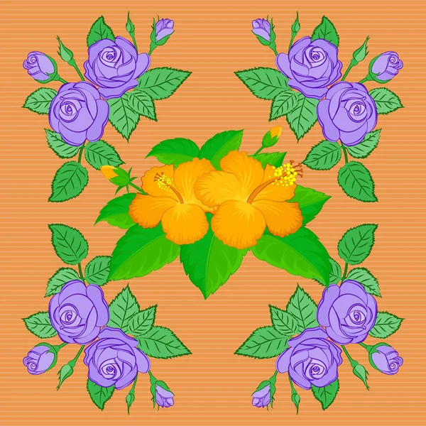 ベクトルバラの花と緑の葉のシームレスなパターン 茶色の背景にシームレスな花柄 — ストックベクタ