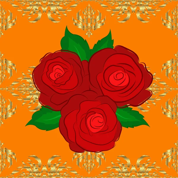 Vektornahtloses Hintergrundmuster Mit Stilisierten Rosenblüten Und Grünen Blättern Auf Orangefarbenem — Stockvektor