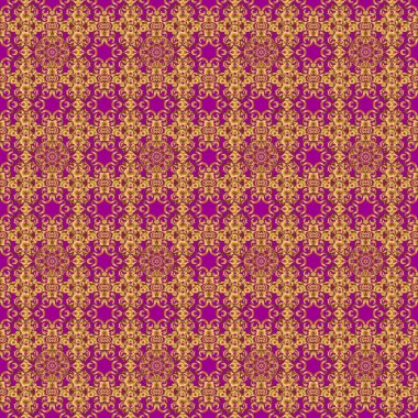 Kumaş, tekstil, iç dekorasyon. Mor arka planda el yapımı altın elementler. Eski, dikişsiz çiçek deseni.