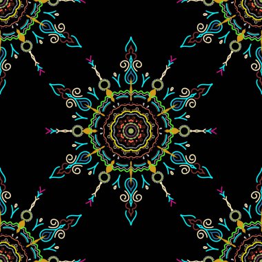 Çiçeksiz desen. Duvar kâğıdı barok, İspanyol kumaşı. Kusursuz bir geçmişi var. Siyah arkaplanda sarı, mavi ve kahverengi süsler..