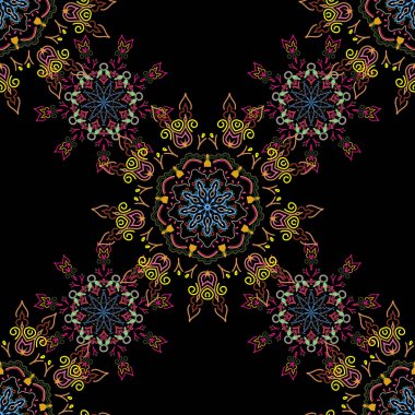 Ikat damaskesiz kiremit turuncu, yeşil ve pembe renklerde siyah arkaplan.