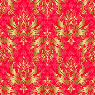 Kırmızı arka planda barok tarzında kusursuz bir doğulu süsü. Geleneksel klasik Altın Şablon.