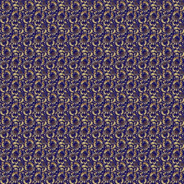 Duvar kağıdı, sunum, tasarım, tekstil için. Mavi arkaplanda altın rengi elementlerin kusursuz görüntüsü.