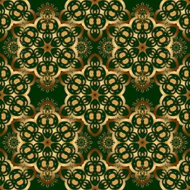 Kumaş baskısı, hatıra defteri, hediye paketi için. Yeşil arkaplanda altın rengi, kusursuz vintage desen.
