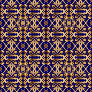 Vektör çizimi. Mavi arka planda, barok tarzında, doğulu süslemeler. Geleneksel klasik altın ve mavi desen.