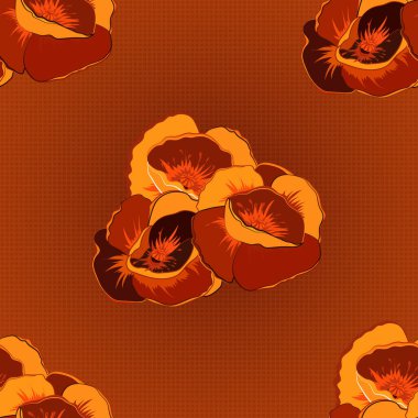 Eski tarz. Stock vektör illüstrasyonu. Siyah, turuncu ve kırmızı renklerde kusursuz haşhaş çiçekleri..